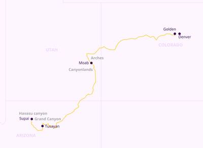 Map of the route from Denver to Grand Canyon.