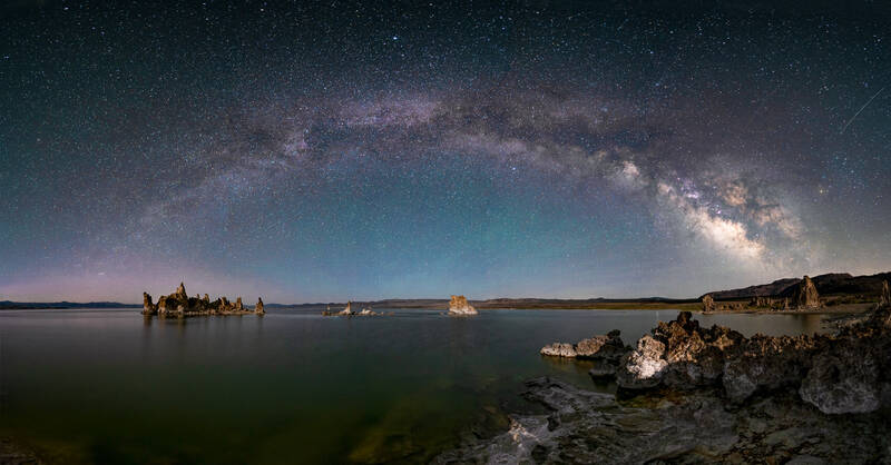Photo of Milky Way arch over Mono Lake in California.