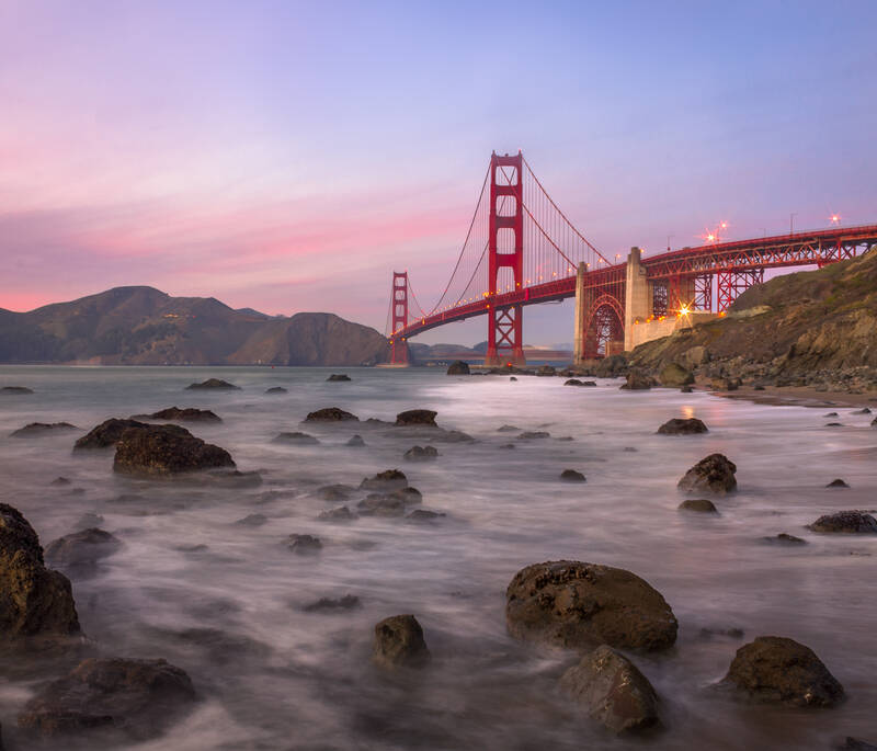 Photo of Golden Gate Bridge from Baker Beach. Sunset. Winter 2018.