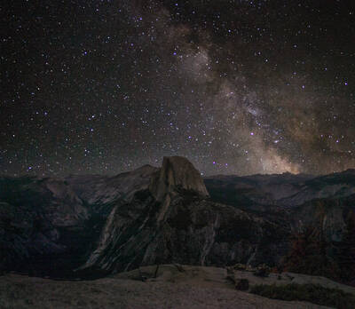 Photo of Milky Way over Half Dome in Yosemite. Glacier Point. Midnight. Summer.