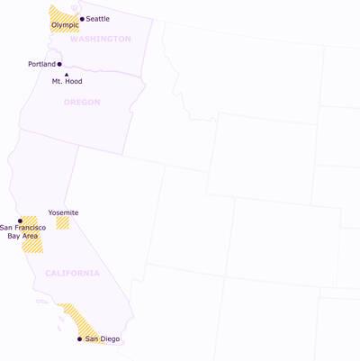 Map of Western United States showing locations where I photographed in 2018.