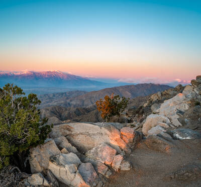 Photo of San Gorgonio mountain from Keys View in Joshua Tree. Sunrise. Spring.