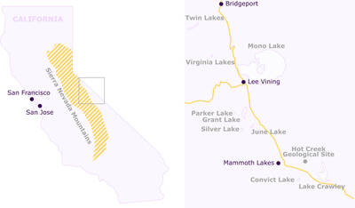 Map of California with a detailed view of the Eastern Sierra Nevada region.