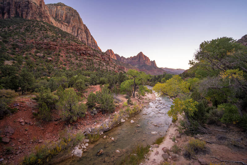 Photo of Virgin River and Watchman in Zion National Park. Sunset. Fall.