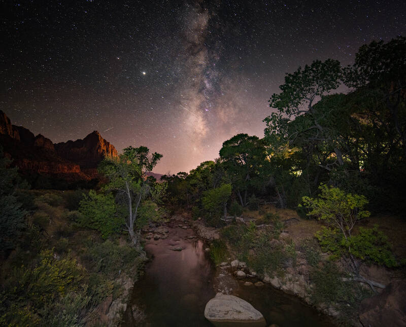Photo of Milky Way over Virgin River and Watchman in Zion National Park. Fall.