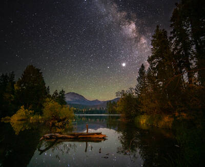 Milky Way and reflection of stars in a lake. Lassen Volcanic National Park.