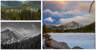 Collage of winter photographs in the Rocky Mountain National Park, Colorado.
